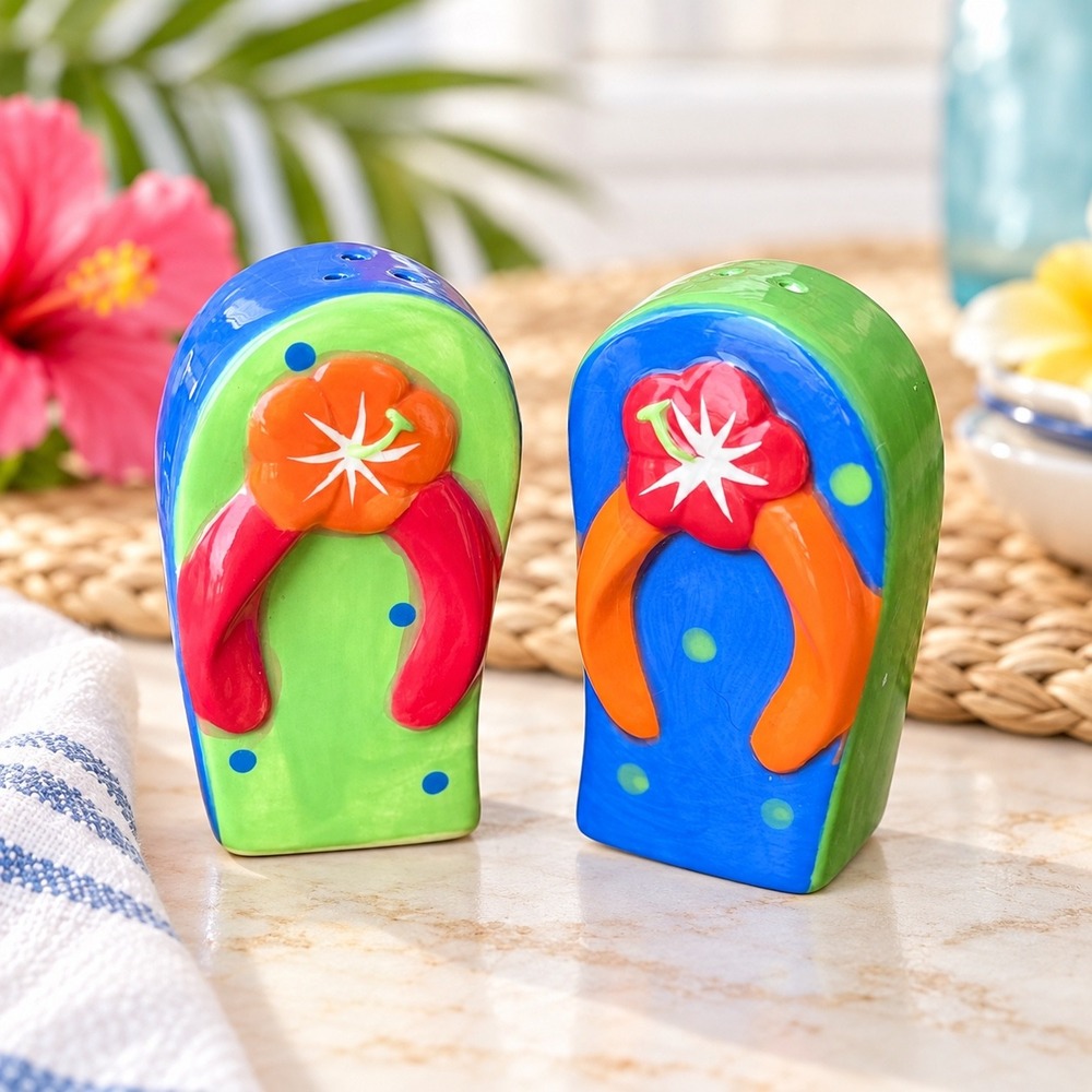 Tropical Flip Flop Salt and Pepper Shakers Ceramic Hibiscus Beach Decor Set